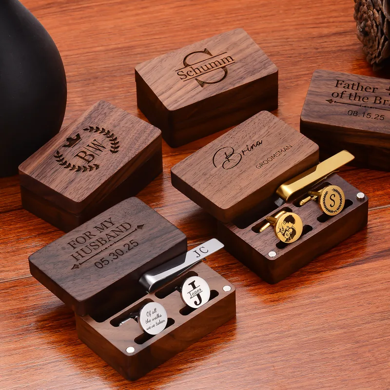 Cufflink Box Set - Custom Metal Cufflinks Tie Clip Wooden