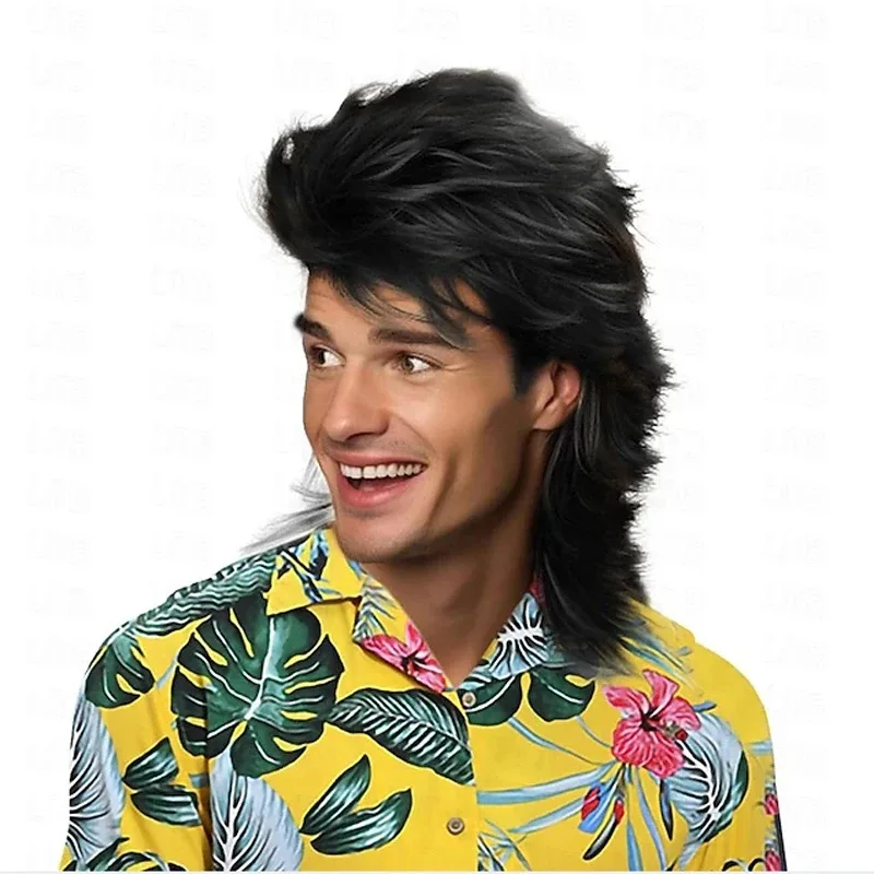 Men'S Accessories In The 80S - Men Black Synthetic Hair Mullet Wigs